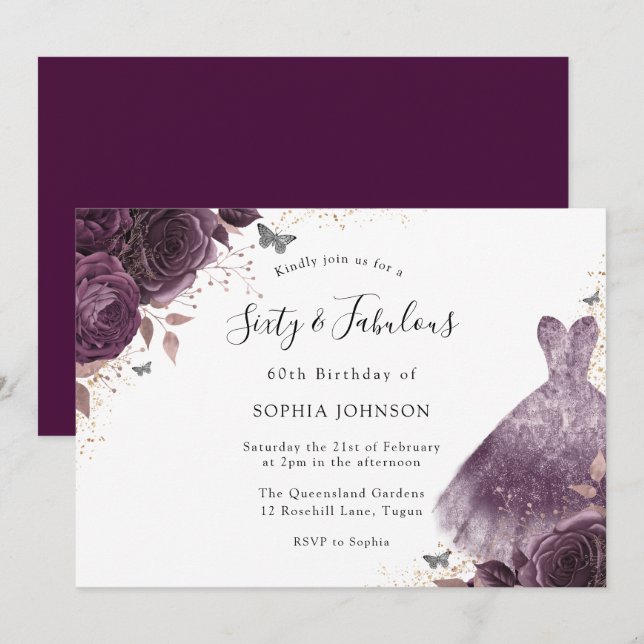 Purple Rose Dress 60th Birthday Sixty & fabulous Invitation (Front/Back)