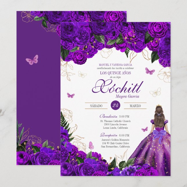 Purple Rose Elegant Floral & Butterfly Quinceañera Invitation (Front/Back)