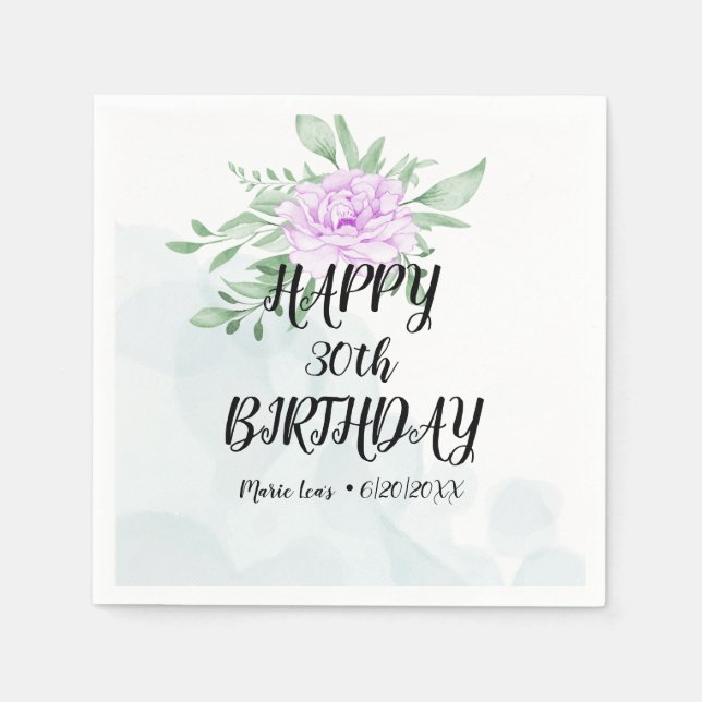 Purple Rose Eucalyptus Greenery 30th Birthday Napkin (Front)