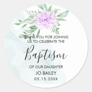 Purple Rose Eucalyptus Leaves Baptism Thank you Classic Round Sticker