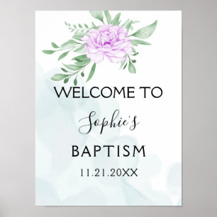 Purple Rose Eucalyptus Leaves Baptism Welcome Poster