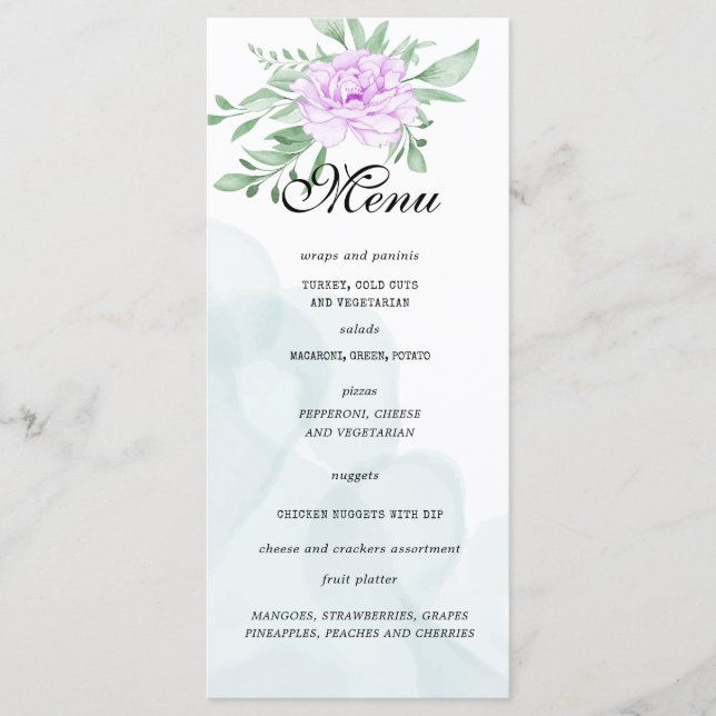 Purple Rose Eucalyptus Leaves Birthday Party Menu (Front)