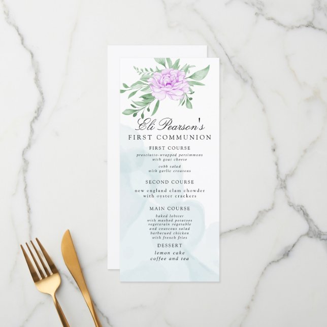 Purple Rose Eucalyptus Leaves First Communion Menu (Front/Back In Situ)