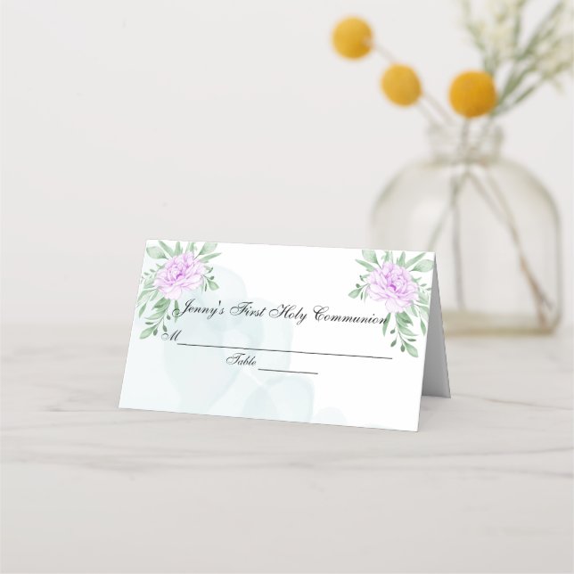 Purple Rose Eucalyptus Leaves First Communion Place Card (Front)
