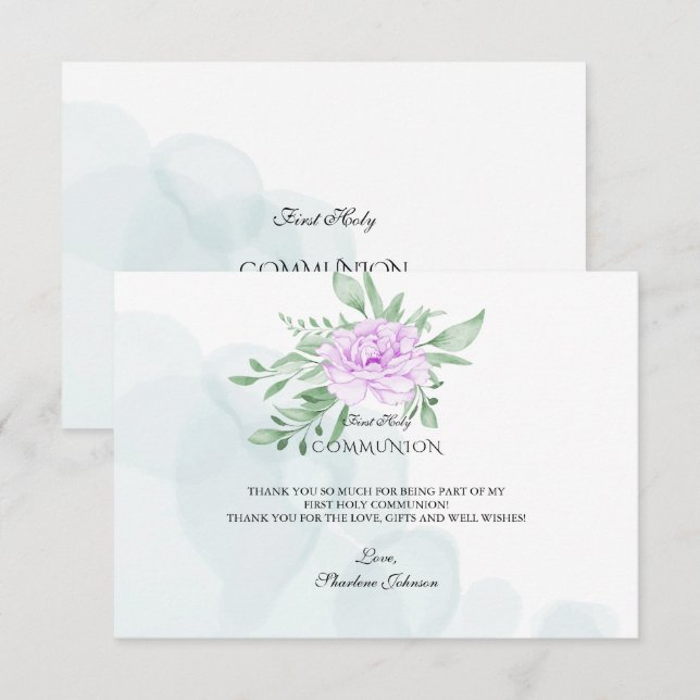 Purple Rose Eucalyptus Leaves Holy Communion Thank You Card (Front/Back)