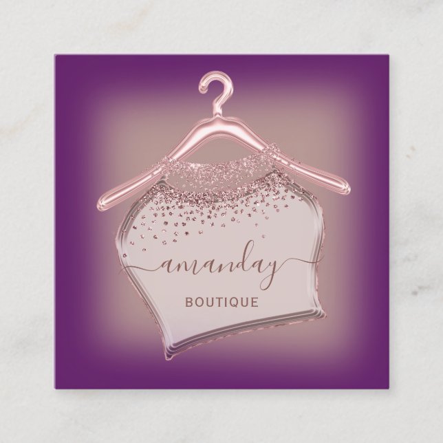 Purple Rose Fashion Boutique Cloth Hanger Glam Square Business Card (Front)