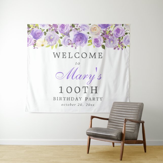 Purple Rose Floral 100th Birthday Party Tapestry (In Situ (Horizontal))