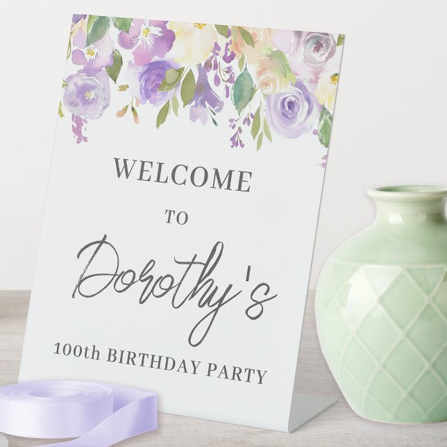 Purple Rose Floral 100th Birthday Welcome Pedestal Sign (Need more matching party supplies? Paper plates, napkins, balloons. Message me for help to find them)