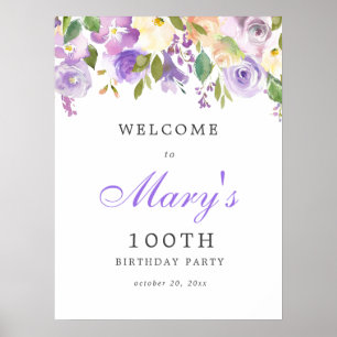 Purple Rose Floral 100th Birthday Welcome Sign