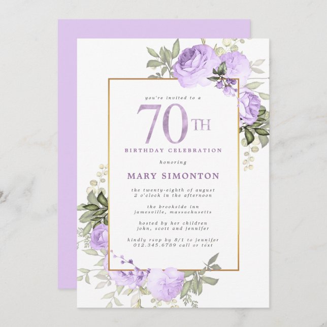 Purple Rose Floral 70th Birthday Party Invitation (Front/Back)