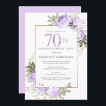 Purple Rose Floral 70th Birthday Party Invitation<br><div class="desc">Honour a special woman with this elegant and feminine 70th Birthday party invitation. 70th is written in large purple text. Birthday Surprise Party celebration follows. The honoured guest's name is also in purple capital letters. The remainder of the text is soft dove grey. The 70th birthday celebration details are surrounded...</div>