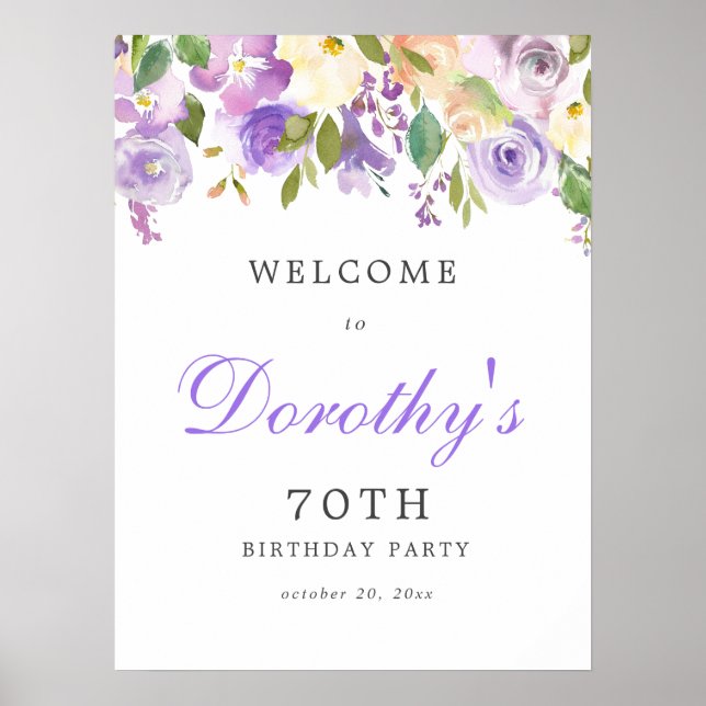 Purple Rose Floral 70th Birthday Welcome Sign (Front)