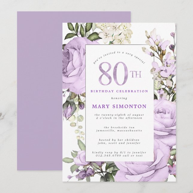 Purple Rose Floral 80th Birthday Party Invitation (Front/Back)