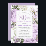 Purple Rose Floral 80th Birthday Party Invitation<br><div class="desc">Honour a special woman with this elegant and feminine 80th Birthday party invitation. 80th is written in large purple text. Birthday celebration follows. The honoured guest's name is also in pink capital letters. The remainder of the text is soft dove grey. The 80th birthday celebration details are surrounded by a...</div>
