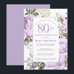 Purple Rose Floral 80th Birthday Party Invitation<br><div class="desc">Honour a special woman with this elegant and feminine 80th Birthday party invitation. 80th is written in large purple text. Birthday celebration follows. The honoured guest's name is also in pink capital letters. The remainder of the text is soft dove grey. The 80th birthday celebration details are surrounded by a...</div>
