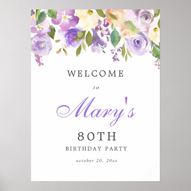 Purple Rose Floral 80th Birthday Welcome Sign (Front)