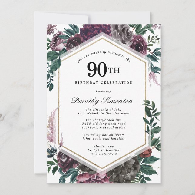 Purple Rose Floral 90th Birthday Party Invitation (Front)