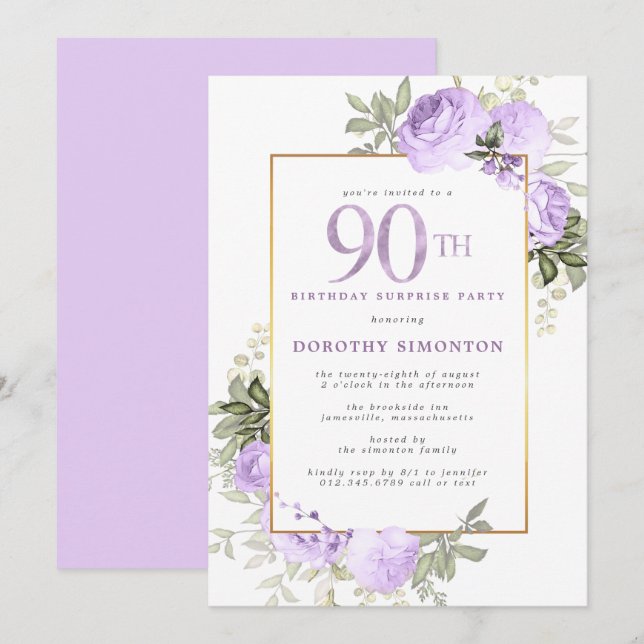 Purple Rose Floral 90th Birthday Surprise Party Invitation (Front/Back)