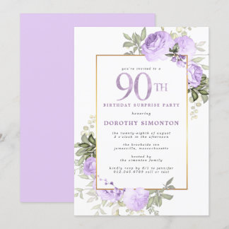 Purple Rose Floral 90th Birthday Surprise Party Invitation