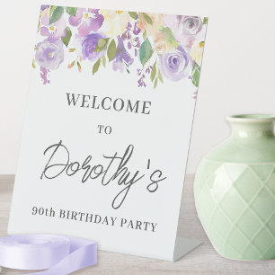 Purple Rose Floral 90th Birthday Welcome Pedestal Sign