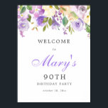 Purple Rose Floral 90th Birthday Welcome Sign<br><div class="desc">Welcome guests to your 90th birthday party with this elegant purple rose and greenery welcome sign. It coordinates with the Rustic Purple Floral Botanical 100th Birthday collection.</div>