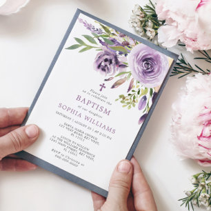 Purple Rose Floral Baptism Invitation