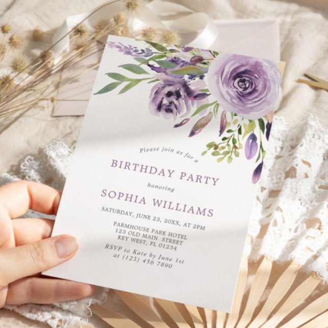 Purple Rose Floral Birthday Party Invitation (Creator Uploaded)