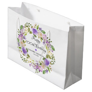 Purple Rose Floral Botanical Wreath 100th Birthday Large Gift Bag