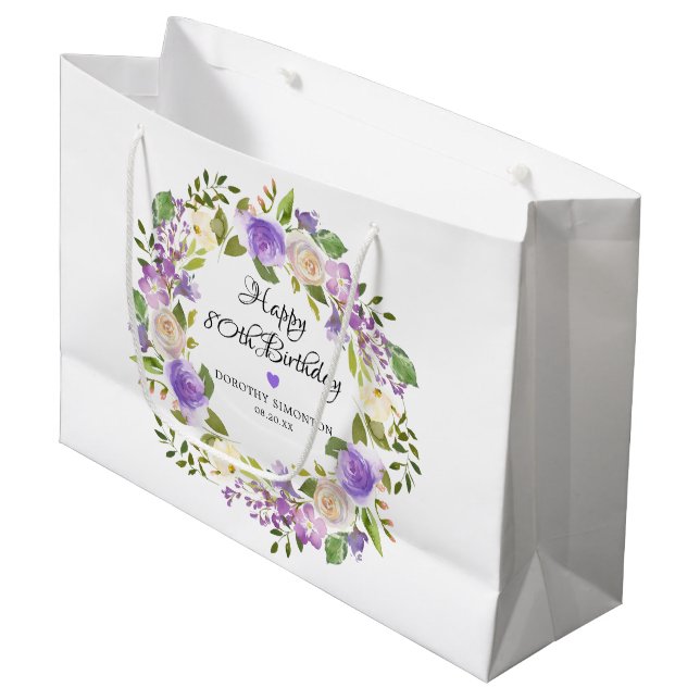 Purple Rose Floral Botanical Wreath 80th Birthday Large Gift Bag (Front Angled)