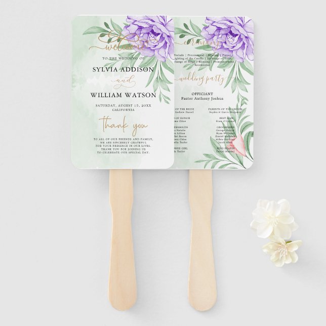 Purple Rose Floral Eucalyptus Boho Wedding Program Hand Fan (Front and Back)