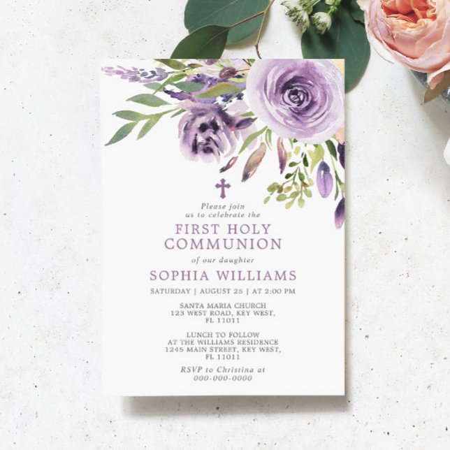 Purple Rose Floral First Holy Communion Invitation (Creator Uploaded)