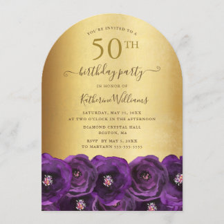Purple Rose Floral Gold 50th Birthday Party Invitation
