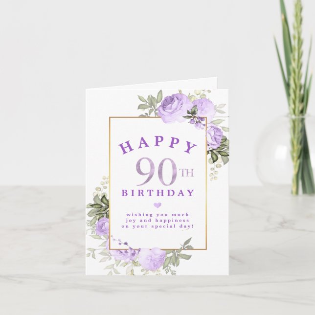 Purple Rose Floral Gold 90th Birthday Invitation (Front)