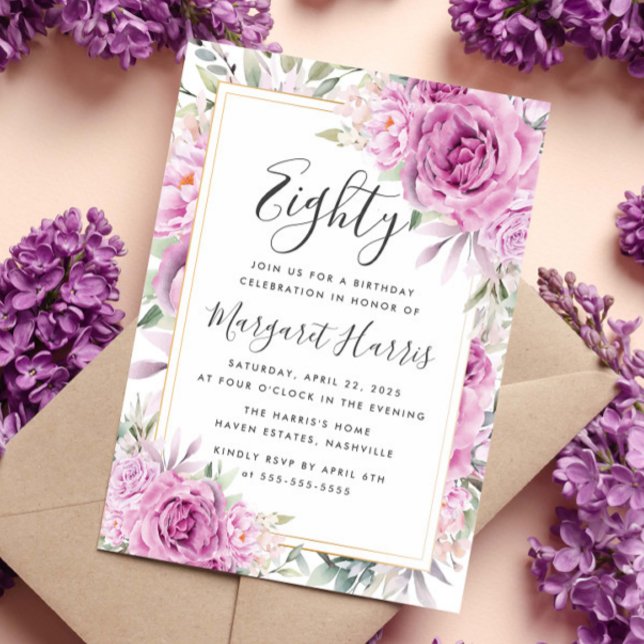 Purple Rose Floral Gold Frame 80th Eighty Birthday Invitation (Creator Uploaded)