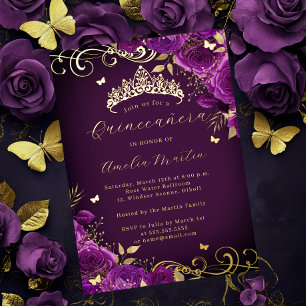 Purple Rose Floral Gold Swirl Quinceanera
