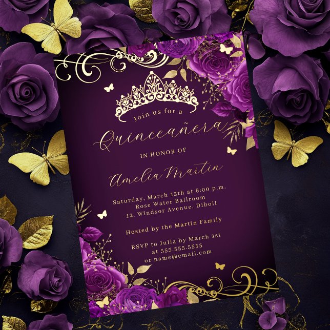 Purple Rose Floral Gold Swirl Quinceanera   (Creator Uploaded)