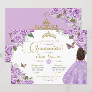 Purple Rose Floral Gold Tiara Butterfly Quince Inv Invitation
