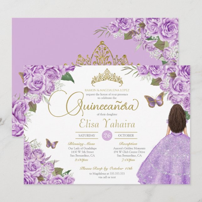 Purple Rose Floral Gold Tiara Butterfly Quince Invitation (Front/Back)