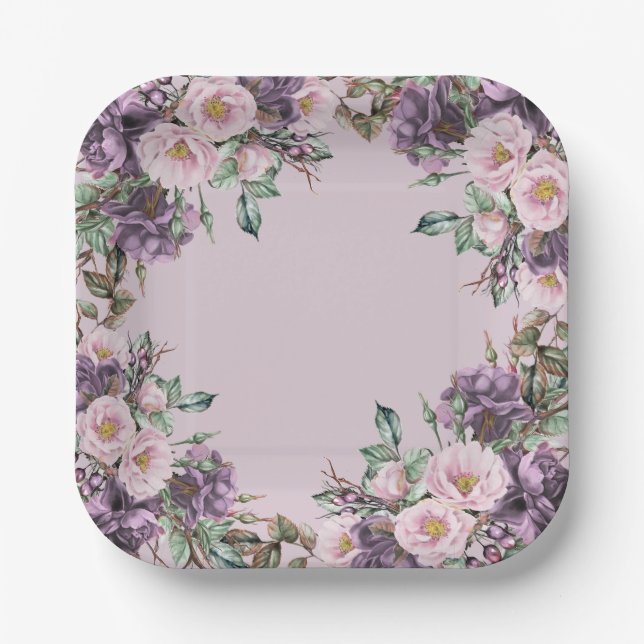 Purple Rose Floral  Paper Plate (Front)
