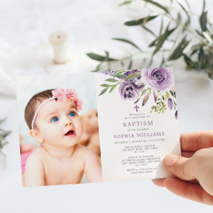 Purple Rose Floral Photo Girl Baptism Invitation