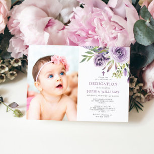 Purple Rose Floral Photo Girl Dedication Invitation