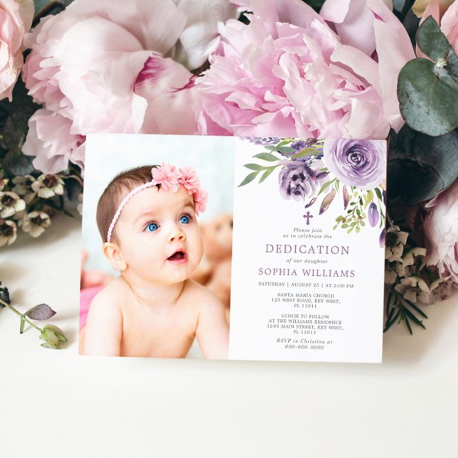 Purple Rose Floral Photo Girl Dedication Invitation (Creator Uploaded)