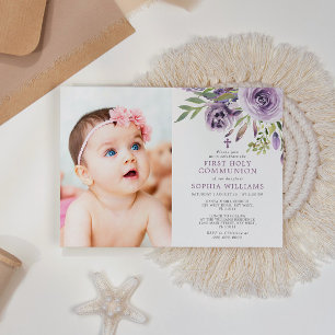Purple Rose Floral Photo Girl First Holy Communion Invitation