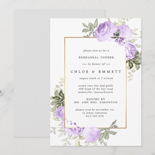 Purple Rose Floral Rehearsal Dinner Invitation (Front/Back)