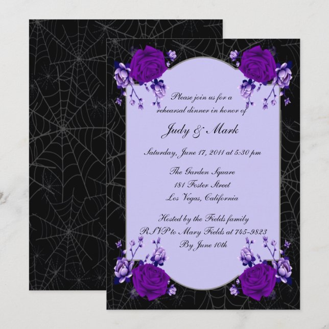 Purple Rose Floral Spiderweb Fall Rehearsal Dinner Invitation (Front/Back)