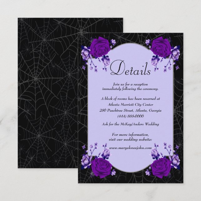 Purple Rose Floral Spiderweb Fall Wedding Details  Invitation (Front/Back)