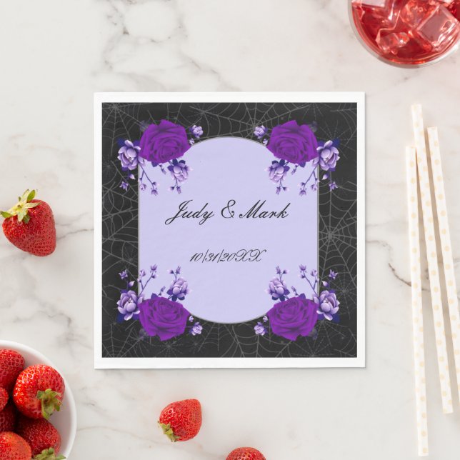 Purple Rose Floral Spiderweb Fall Wedding Napkin (Insitu)