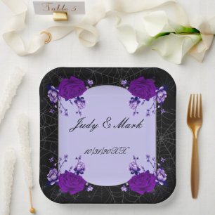 Purple Rose Floral Spiderweb Fall Wedding Paper Plate