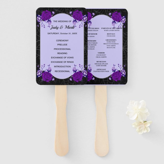 Purple Rose Floral Spiderweb Fall Wedding Program Hand Fan (Front and Back)