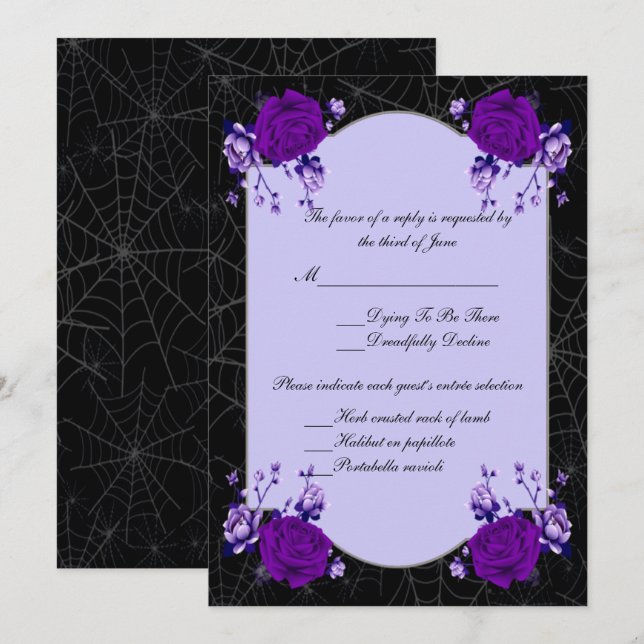 Purple Rose Floral Spiderweb Fall Wedding Response Invitation (Front/Back)